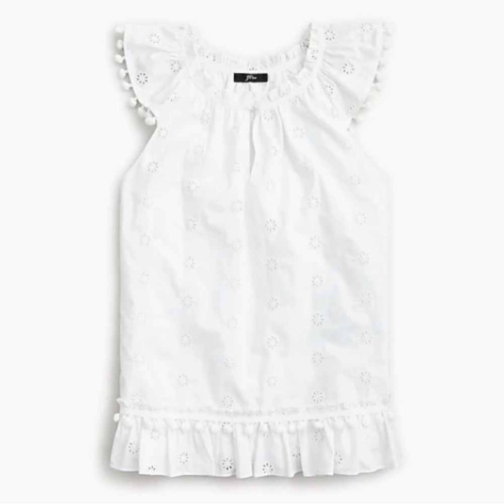 NWT J. Crew White Eyelet Pom Pom Top